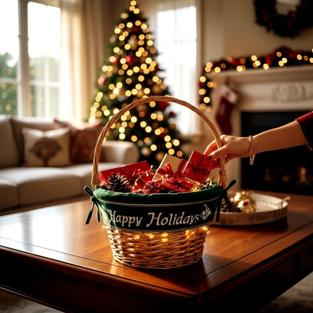 Wicker Basket Happy Holidays Liner Swivel Handle 11" Christmas Gift Willow Decor
